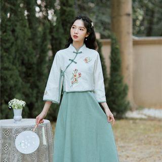 Set: Mandarin Collar Frog-button Top + Spaghetti Strap Midi A-line Dress