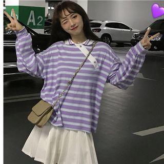 Long-sleeve Striped Asymmetric Polo Shirt / A-line Mini Pleated Skirt