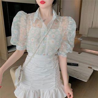 Puff-sleeve Sheer Floral Chiffon Shirt