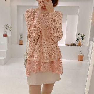 Lace-layer Pointelle Knit Top Light Pink - One Size
