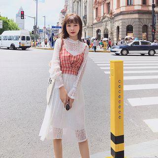Set: Plaid Crop Cami Top + Long-sleeve A-line Lace Dress