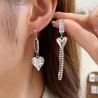 Heart Rhinestone Asymmetrical Fringed Earring Stud Earring - 1 Pair - S925 Stud - Silver - One Size