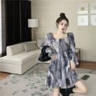 Long-sleeve Tie-dye Mini A-line Dress Gray - One Size