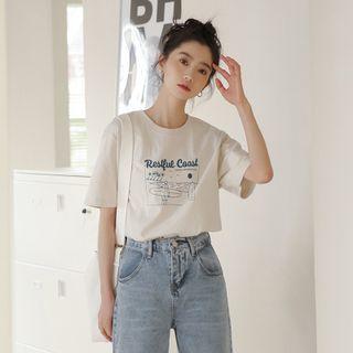 Round-neck Printed Oversized Top Almond - One Size