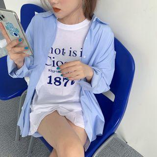 Pinstriped Shirt / Lettering Cropped Short-sleeve T-shirt