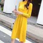 Buttoned Long-sleeve Knit A-line Dress