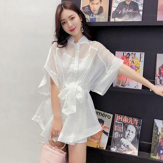 Set: Plain Elbow Sleeve Shirt Dress + Slipdress