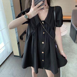 Puff-sleeve Cutout Plain Dress
