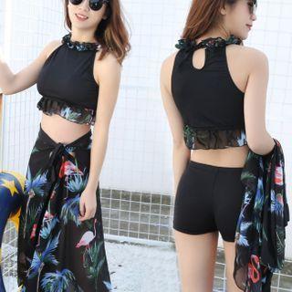 Set: Halter-neck Printed Swim Top + Bottom + Cover Up