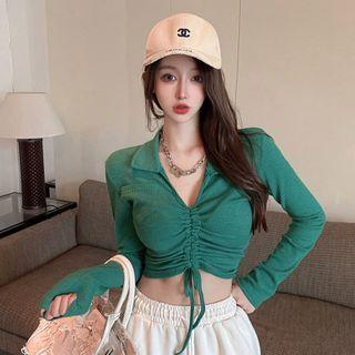 Long-sleeve Collared Drawstring Cropped T-shirt