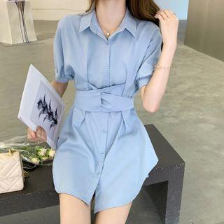 Puff-sleeve Plain Shirt Dress / High-waist Plain Shorts