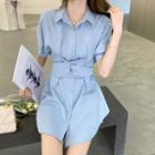 Puff-sleeve Plain Shirt Dress / High-waist Plain Shorts