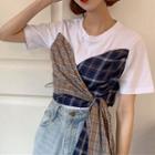 Mock Two-piece Tie-waist Short-sleeve T-shirt As Shown In Figure - One Size