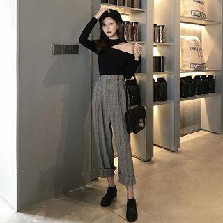 Plain Perforated Long-sleeve Top / Color-block Plaid High-waist Harem Pants