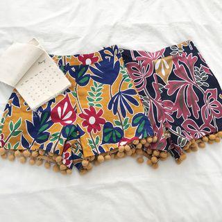 Bobble Trim Floral Print Shorts