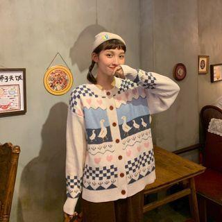 Round Neck Cartoon Print Cardigan White & Blue & Pink - One Size