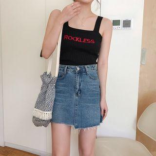 Wide Strap Lettering Ribbed Knit Top