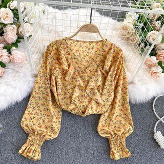 V-neck Puff-sleeve Floral Chiffon Top