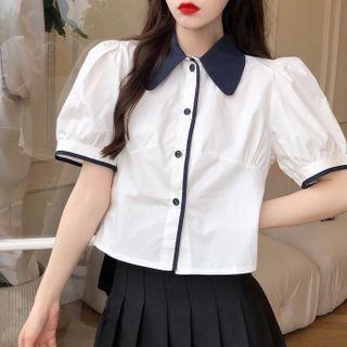 Puff-sleeve Contrast Trim Shirt White - One Size