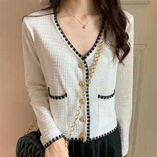 Long-sleeve V-neck Contrast Trim Cropped Cardigan