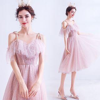 Cold-shoulder Dotted Mesh A-line Midi Prom Dress