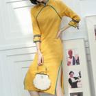 3/4-sleeve Patterned Midi Qipao Dress