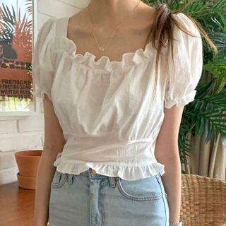 Square Neck Ruffle Puff Short Sleeve Crop Shirt