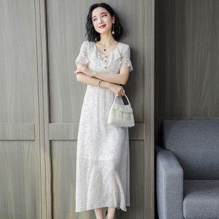 Bell Sleeve Peter Pan Collar Print Chiffon Dress