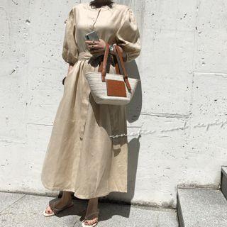 Balloon-sleeve Linen Maxi Shirtdress With Sash