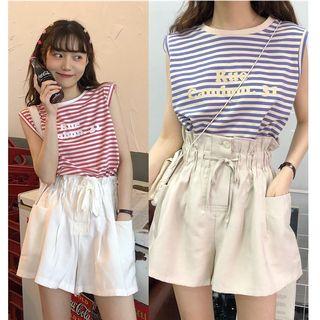 Sleeveless Striped Letter T-shirt / Wide-leg Shorts