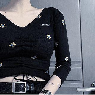 Flower V-neck Drawstring Slim-fit Long-sleeve Knit Top