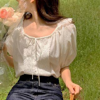 Puff-sleeve Eyelet Trim Blouse