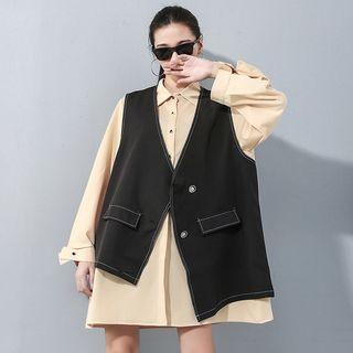 Set: Plain Shirt Dress + Single-breasted Vest Almond - One Size