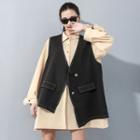Set: Plain Shirt Dress + Single-breasted Vest Almond - One Size