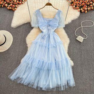Puff-sleeve Mesh Tiered Midi A-line Dress