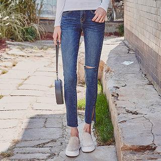 Slit-detail Washed Skinny Jeans