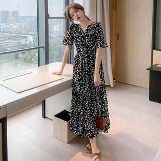 Bell Sleeve V-neck Floral Print Chiffon Dress
