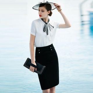 Long/ Short-sleeve Tie-neck Blouse/ Pencil Skirt/ Set