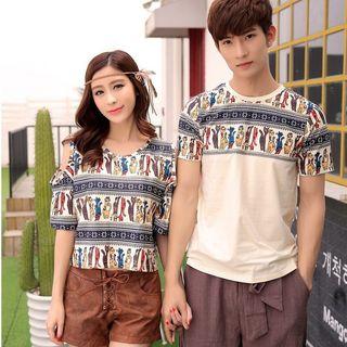 Couple Matching Printed T-shirt / Short-sleeve Cutout Top