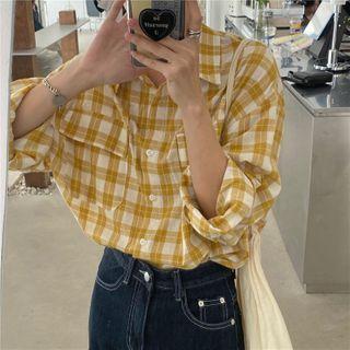 Plaid Long-sleeve Shirt Plaid - Yellow - One Size