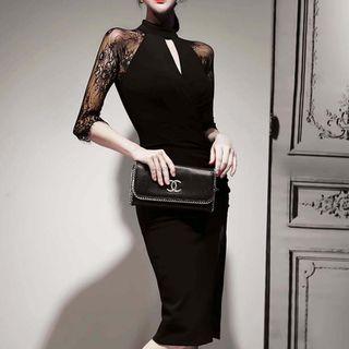 3/4-sleeve Lace Panel Split Side Sheath Dress