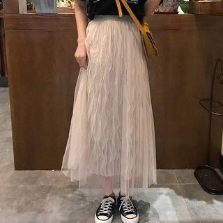 Accordion Pleat Midi Mesh Skirt Almond - One Size