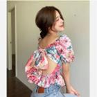 Puff-sleeve Floral Print Bow-back Blouse Flower - Pink - One Size