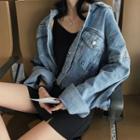 Washed Cropped Denim Jacket As Shown In Figure - One Size