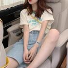 Short Sleeve Contrast Trim Letter Print T-shirt / Denim Shorts
