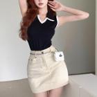 Collar Contrast Trim Tank Top / Mini Pencil Skirt