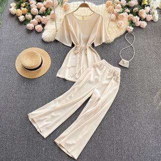 Set Of 2 : Plain Short-sleeve Top + Plain Wide-leg Pants