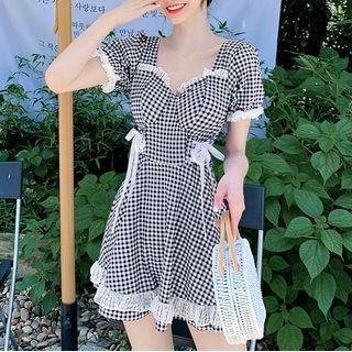 Short-sleeve Ruffled Gingham Swim Dress