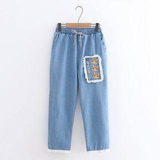 Bear Embroidered Straight-cut Jeans Light Blue - One Size