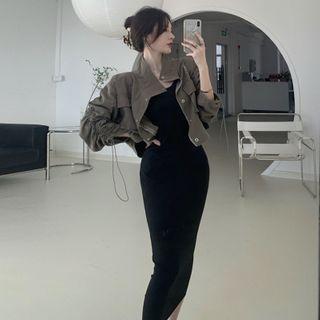Drawstring-sleeve Crop Jacket / Elbow-sleeve Slim-fit Midi Dress